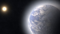 On the right, in the foreground, is a primarily blue planet with white areas and surrounded by a hazy shell. In the background on the left, we see a brightly shining disk whose diameter is about 1/6 the planet’s size. Both objects are located in front of a black background with occasional bright dots.
