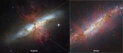 Links ist die Starburst-Galaxie M82 zu sehen, die vom Hubble-Weltraumteleskop im Jahr 2006 beobachtet wurde. Der kleine Kasten im Zentrum der Galaxie entspricht dem Bereich, der von der NIRCam (Near-Infrared Camera) des JWST aufgenommen wurde. Das resultierende Bild enthält rote Filamente, die durch die Emission polyzyklischer aromatischer Kohlenwasserstoffe (PAK) beleuchtet werden, die den Ursprung und die Form des galaktischen Windes nachzeichnen. Im Hubble-Bild ist das Licht bei 0,814 Mikrometer rot, bei 0,658 Mikrometer rot-orange, bei 0,555 Mikrometer grün und bei 0,435 Mikrometer blau gefärbt (Filter F814W, F658N, F555W bzw. F435W). Im NIRCam-Bild ist das Licht bei 3,35 Mikrometern rot, bei 2,50 Mikrometern grün und bei 1,64 Mikrometern blau gefärbt (Filter F335M, F250M bzw. F164N).